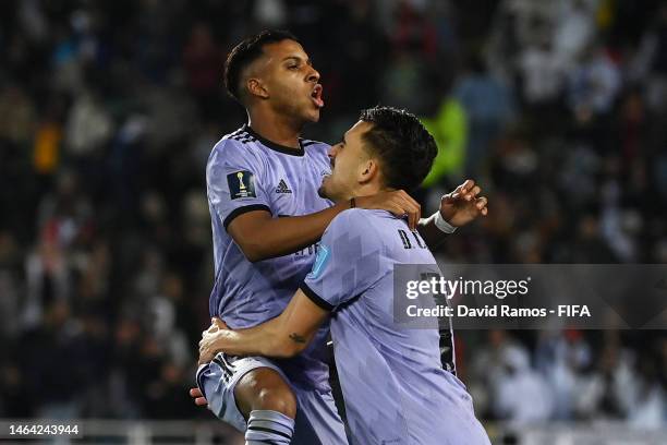 Rodrygo of Real Madrid celebrates after scoring the team's third goal with teammate Dani Ceballos during the FIFA Club World Cup Morocco 2022 Semi...