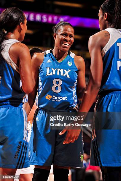 Taj McWilliams-Franklin of the Minnesota Lynx speaks to teammates before resuming action against the Phoenix Mercury on June 15, 2012 at U.S. Airways...