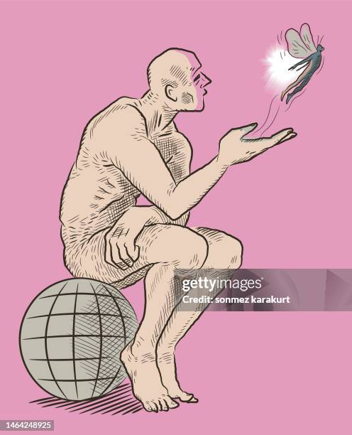 the man sitting on the earth and questioning life - philosophy stock illustrations