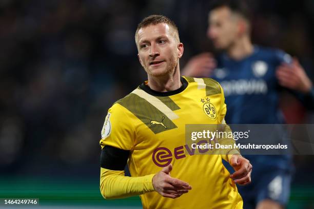 Marco Reus of Borussia Dortmund celebrates after scoring their team's second goal during the DFB Cup round of 16 match between VfL Bochum and...