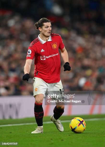 Marcel Sabitzer of Manchester United runs with the ball during the Premier League match between Manchester United and Leeds United at Old Trafford on...