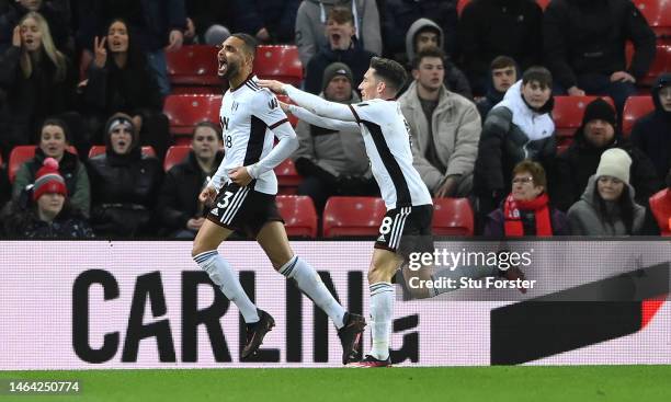 Fulham striker Harry Wilson celebrates with scorer of the third Fulham goal Kurzawa Layvin Kurzawa during the Emirates FA Cup Fourth Round Replay...