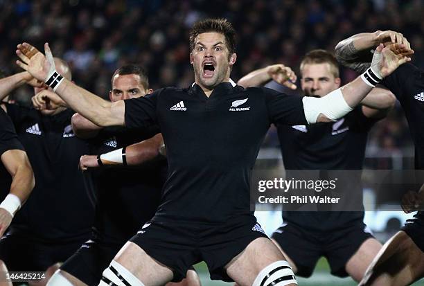 Richie McCaw of the All Blacks performs the haka during the International Test Match between New Zealand and Ireland at AMI Stadium on June 16, 2012...