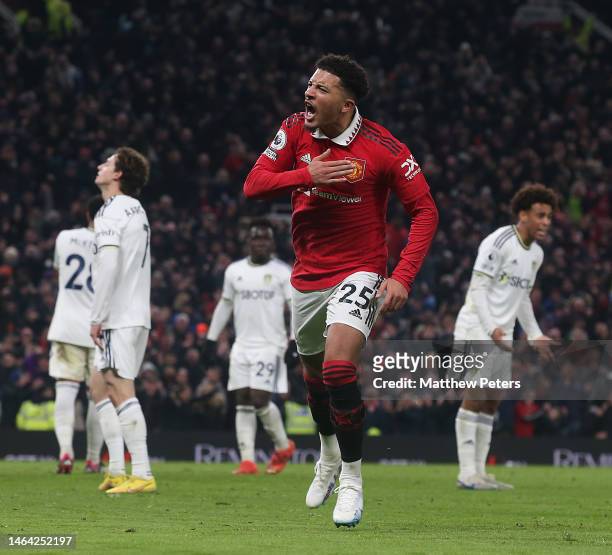 Jadon Sancho of Manchester United celebrates scoring their second goal during the Premier League match between Manchester United and Leeds United at...