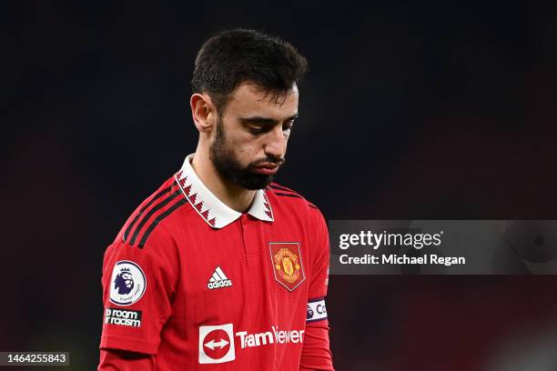 Bruno Fernandes of Manchester United looks dejected after the Premier League match between Manchester United and Leeds United at Old Trafford on...