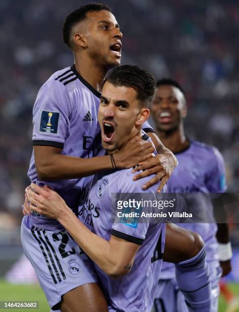 Rodrygo Goes player of Real Madrid celebrate his goal with Dani Ceballos during the FIFA Club World Cup Morocco 2022 Semi Final match between Al Ahly...