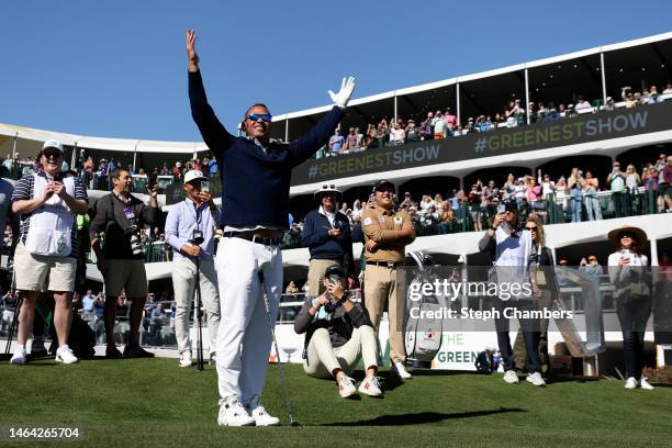 Alex Rodriguez reacts before hitting his tee shot at hole 16 during the 2023 Annexus Pro-Am prior to the WM Phoenix Open at TPC Scottsdale on...