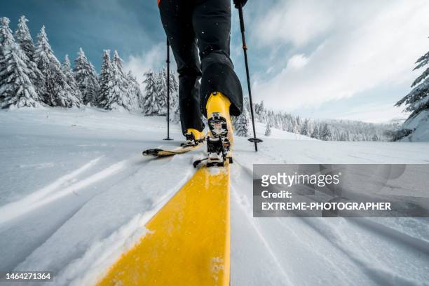 schuh und ski hautnah beim skitourenabenteuer - schifahren stock-fotos und bilder