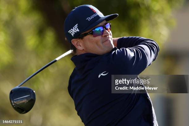 Zach Johnson of the United States plays a shot off of the fifth tee during the 2023 Annexus Pro-Am prior to the WM Phoenix Open at TPC Scottsdale on...