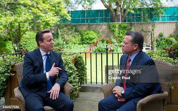 British Prime Minister David Cameron meets with King Abdullah II of Jordan on the terrace in the gardens of Downing Street, on June 16 2012 in...