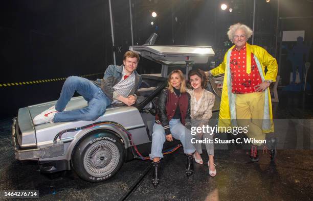 Louise Redknapp poses with "Back To The Future" cast members Ben Joyce, Amber Davies and Roger Bart at the Adelphi Theatre on February 08, 2023 in...