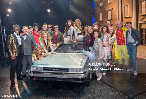 Louise Redknapp poses with "Back To The Future" cast members including Ben Joyce, Amber Davies and Roger Bart at the Adelphi Theatre on February 08,...