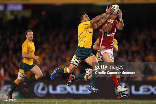 Digby Ioane of the Wallabies takes a high ball during the International Test Match between the Australian Wallabies and Wales at Etihad Stadium on...