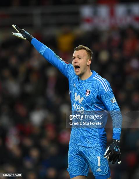 Fulham goalkeeper Marek Rodak reacts during the Emirates FA Cup Fourth Round Replay between Sunderland and Fulham at Stadium of Light on February 08,...