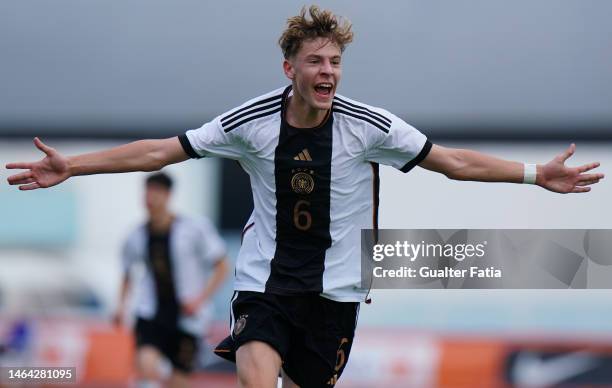 Niklas Swider of Germany celebrates after scoring a goal during the International Friendly match between U16 France and U16 Germany at Estadio...