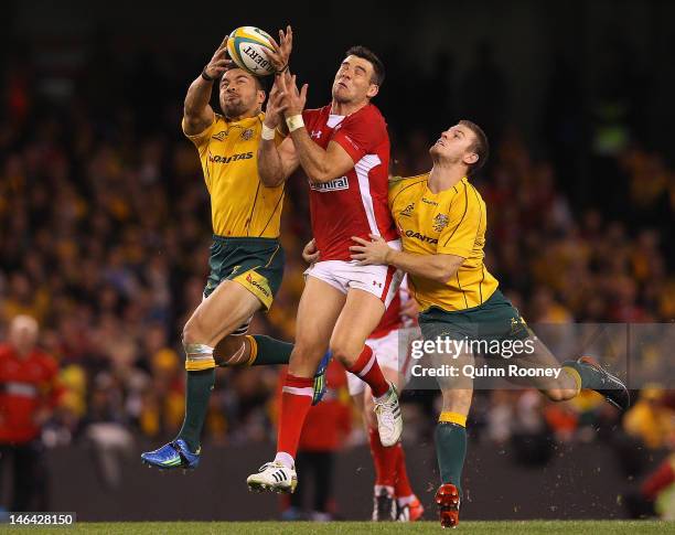 Digby Ioane of the Wallabies catches the ball during the International Test Match between the Australian Wallabies and Wales at Etihad Stadium on...