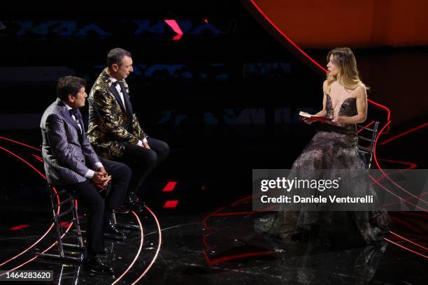 Gianni Morandi, Amadeus and Francesca Fagnani attend the 73rd Sanremo Music Festival 2023 at Teatro Ariston on February 08, 2023 in Sanremo, Italy.