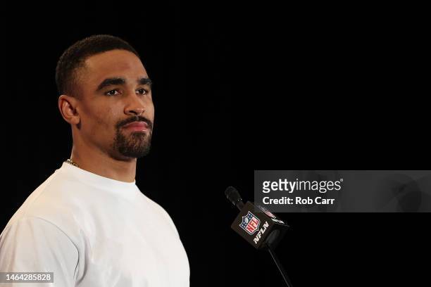 Jalen Hurts of the Philadelphia Eagles speaks to the media during the Philadelphia Eagles media availability prior to Super Bowl LVII on February 08,...
