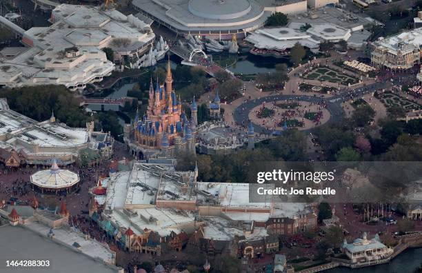 In an aerial view, Walt Disney World's iconic Cinderella Castle sits on the grounds of the theme park on February 08, 2023 in Orlando, Florida. As...