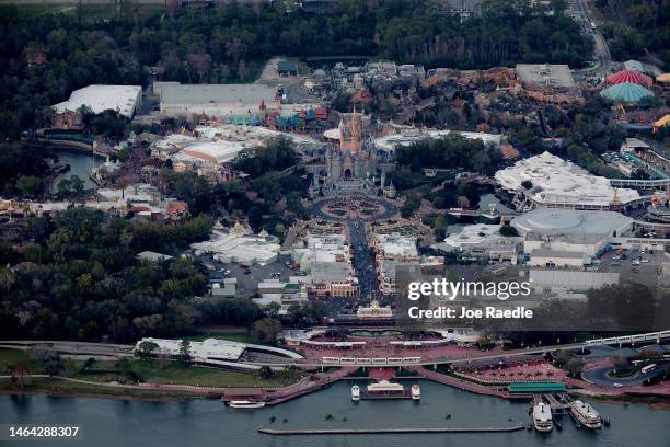 In an aerial view, Walt Disney World's iconic Cinderella Castle sits on the grounds of the theme park on February 08, 2023 in Orlando, Florida. As...