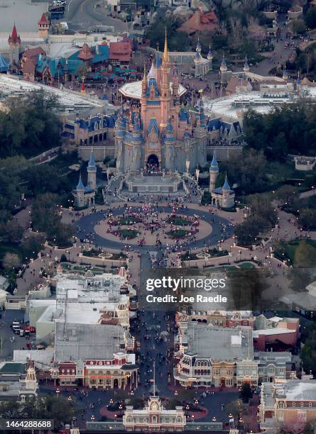 In an aerial view, Walt Disney World's iconic Cinderella Castle sits on the grounds of the theme park on February 08, 2023 in Orlando, Florida. As...