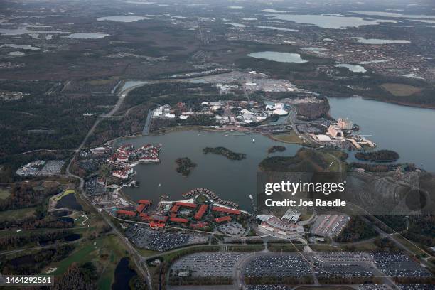 In an aerial view, the Walt Disney World resorts and theme park sit along the Seven Seas Lagoon on February 08, 2023 in Orlando, Florida. As Florida...