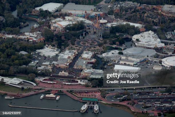 In an aerial view, Walt Disney World's iconic Cinderella Castle sits on the grounds of the theme park on February 08, 2023 in Orlando, Florida. As...