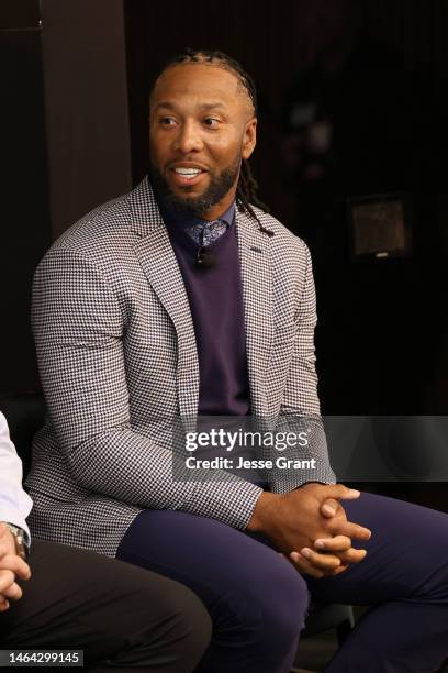 Larry Fitzgerald speaks during the Verizon Super Bowl event at the Verizon 5G Performance Center on February 08, 2023 in Phoenix, Arizona.