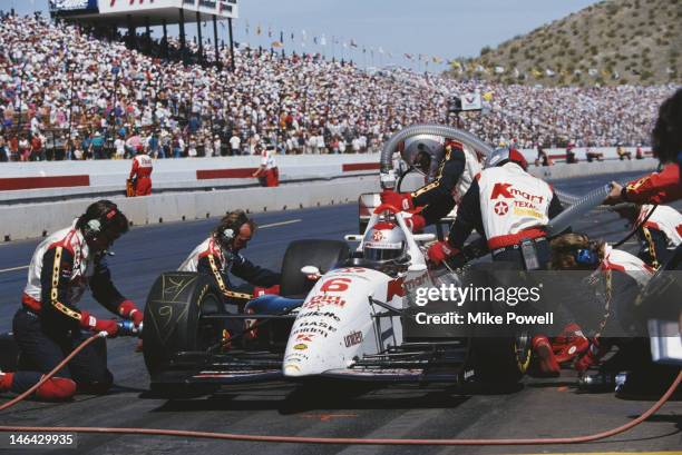 Mario Andretti of the United States makes a pit stop in the Newman Haas Racing Lola T93/06 Ford XB Cosworth during the PPG CART Indy Car World Series...