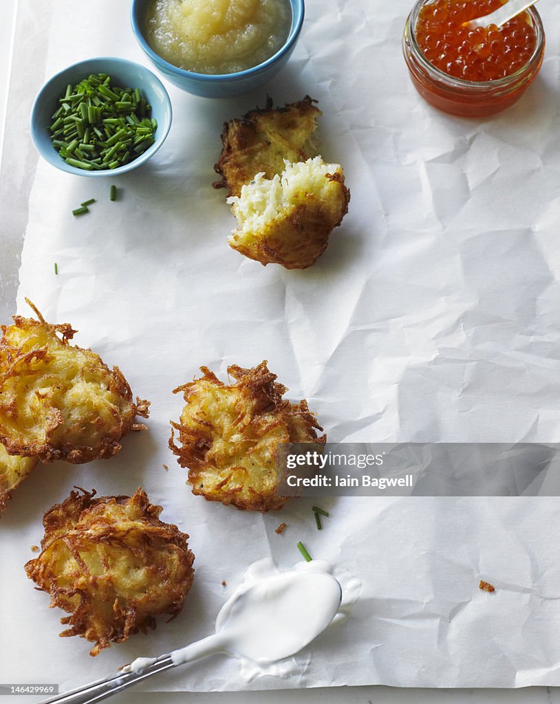 Latkes with Sour Cream, Caiar, Applesauce, Chives