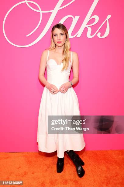 Emma Roberts attends Saks Fifth Avenue's New York Fashion Week Kickoff Party at The Jazz Club at Aman New York on February 08, 2023 in New York City.