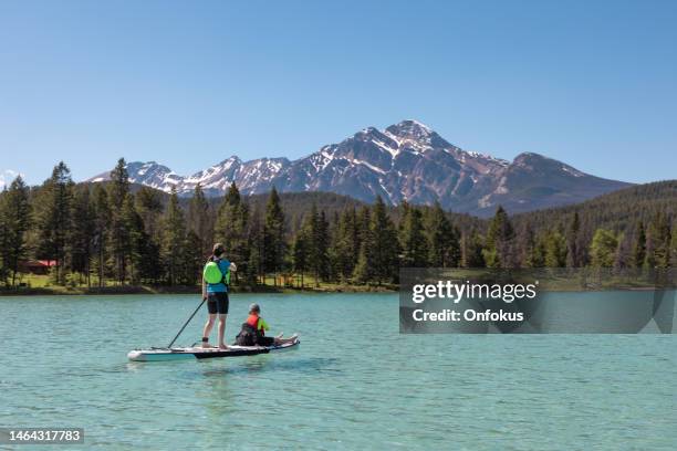 mother and son paddleboarding on lake edith, jasper national park, alberta, canada - jasper-national-park stockfoto's en -beelden