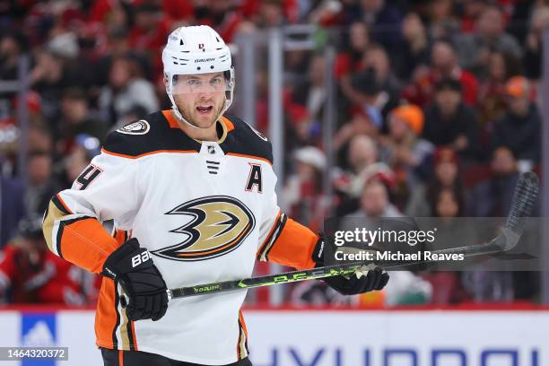 Cam Fowler of the Anaheim Ducks looks on against the Chicago Blackhawks during the first period at United Center on February 07, 2023 in Chicago,...