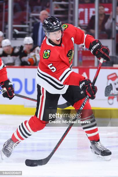 Connor Murphy of the Chicago Blackhawks takes a shot on goal against the Anaheim Ducks during the second period at United Center on February 07, 2023...