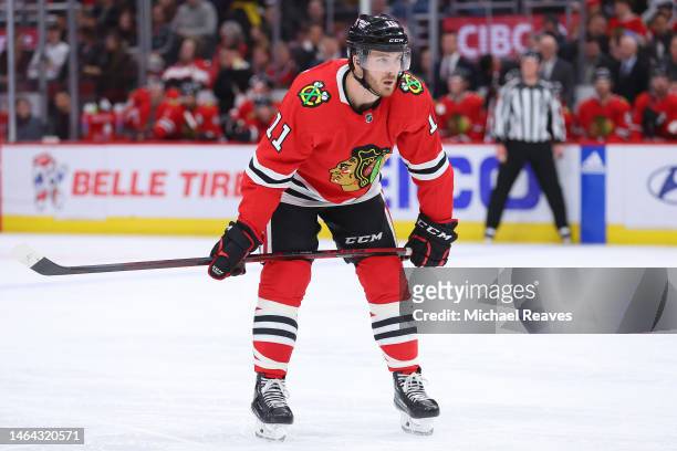 Taylor Raddysh of the Chicago Blackhawks looks on against the Anaheim Ducks during the second period at United Center on February 07, 2023 in...