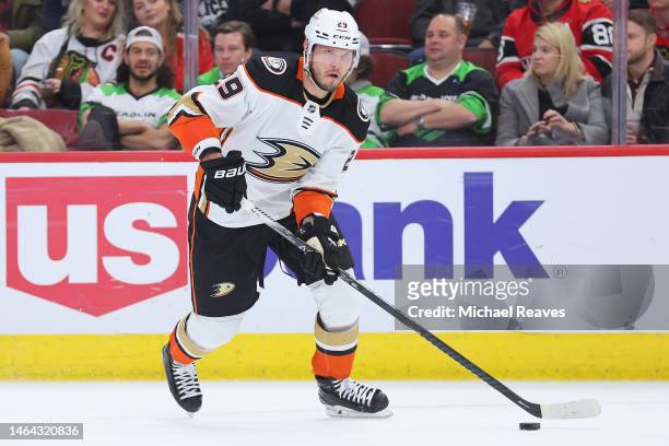 Dmitry Kulikov of the Anaheim Ducks skates with the puck against the Chicago Blackhawks during the second period at United Center on February 07,...