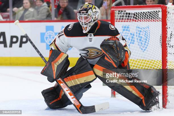Anthony Stolarz of the Anaheim Ducks tends the net against the Chicago Blackhawks during the second period at United Center on February 07, 2023 in...