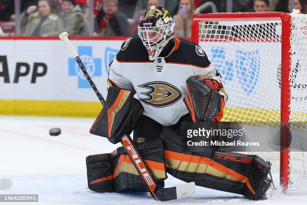 Anthony Stolarz of the Anaheim Ducks makes a save against the Chicago Blackhawks during the second period at United Center on February 07, 2023 in...
