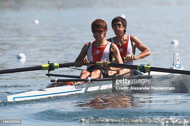 Ki Cheong Kwan and Chiu Mang Tang of Hong Kong compete in the Men´s Lightweight Pair heats during the 2012 Samsung World Rowing Cup III at the...