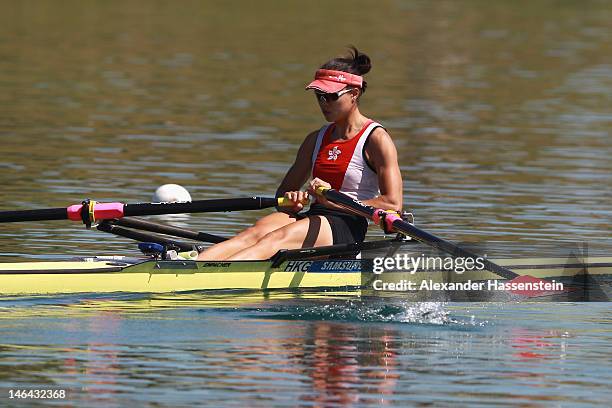 Ka Man Lee of Hong Kong competes in the Women´s Lightweight Single Scull heats during the 2012 Samsung World Rowing Cup III at the...