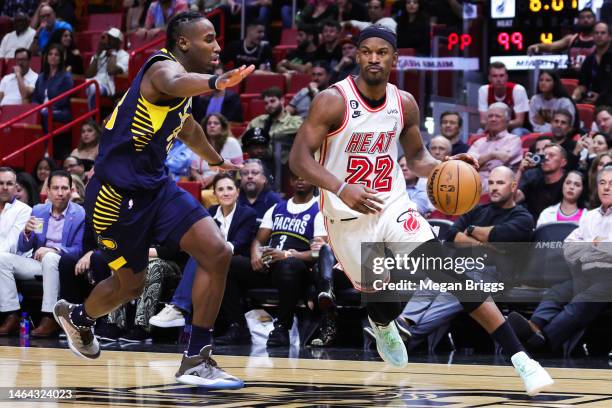 Jimmy Butler of the Miami Heat drives to the basket against the Indiana Pacers during the fourth quarter at Miami-Dade Arena on February 08, 2023 in...