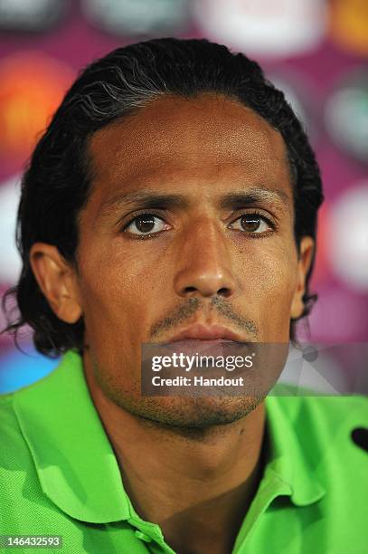 In this handout image provided by UEFA, Bruno Alves of Portugal talks to the media during a UEFA EURO 2012 press conference at the Metalist Stadium...