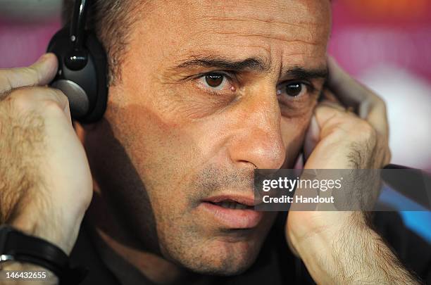 In this handout image provided by UEFA, Coach Paulo Bento of Portugal talks to the media during a UEFA EURO 2012 press conference at the Metalist...