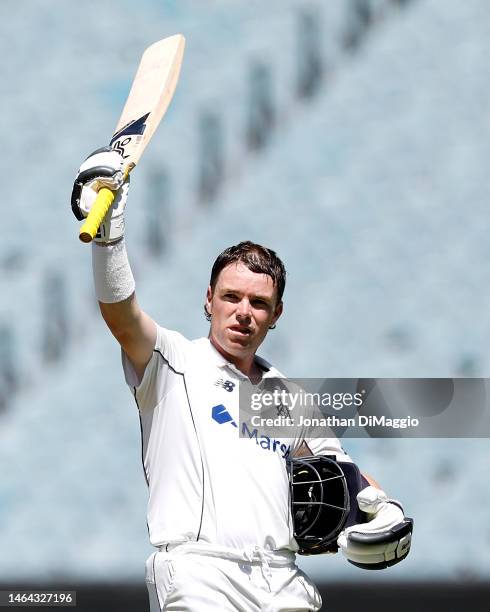 Marcus Harris of Victoria acknowledges the crowd as he makes 100 runs during the Sheffield Shield match between Victoria and Queensland at Melbourne...