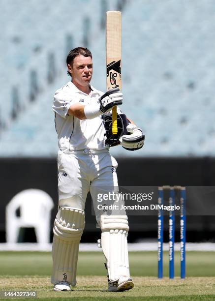Marcus Harris of Victoria acknowledges the crowd as he makes 100 runs during the Sheffield Shield match between Victoria and Queensland at Melbourne...