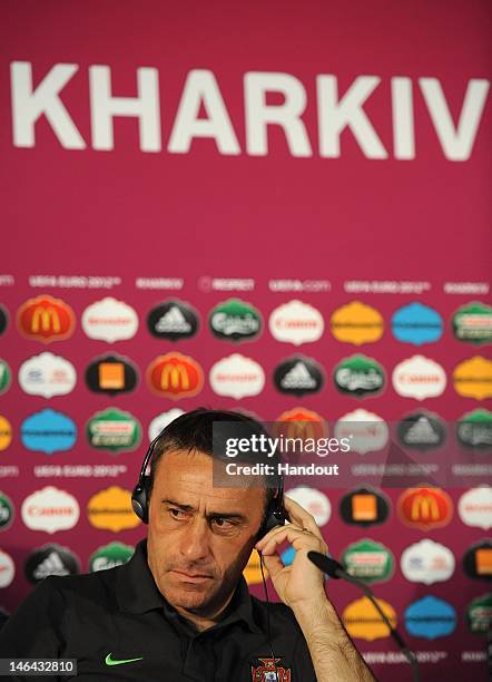 In this handout image provided by UEFA, Coach Paulo Bento of Portugal talks to the media during a UEFA EURO 2012 press conference at the Metalist...