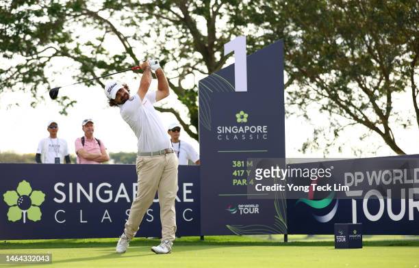 Gary Stal of France tees off on the 1st hole during Day One of the Singapore Classic at Laguna National Golf Resort Club on February 09, 2023 in...