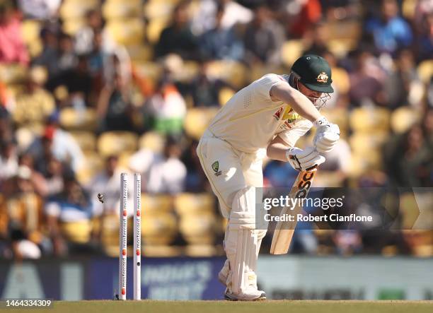 David Warner of Australia is bowled by Mohammed Shami of India during day one of the First Test match in the series between India and Australia at...