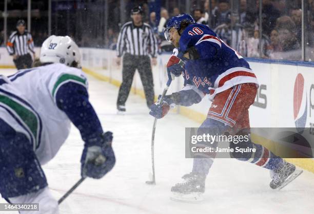 Artemi Panarin of the New York Rangers passes during the game against the Vancouver Canucks at Madison Square Garden on February 08, 2023 in New York...