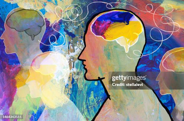 ilustrações de stock, clip art, desenhos animados e ícones de human heads and brains- thoughts concept, telepathy,  brainstorming, - perceção sensorial